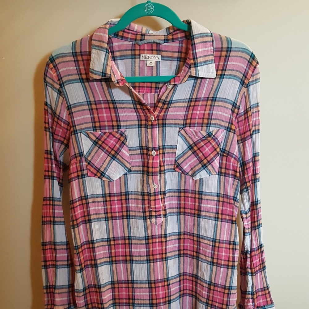 Merona Pink High Low Plaid Blouse